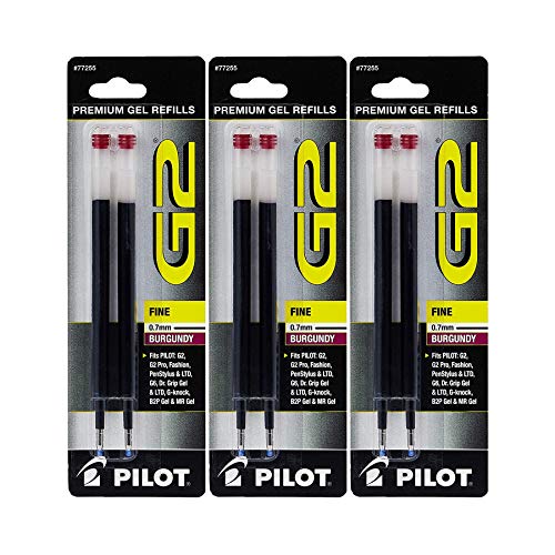 Pilot G2 Gel Ink Pen Refills, Fine Point, 0.7mm, Burgundy Ink, 6 Refills