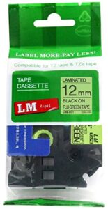 lm tapes – brother pt-1180 1/2″ (12mm 0.47 laminated) black on bright green (fluorescent) compatible tze p-touch tape for brother model pt1180 label maker with free tape guide included