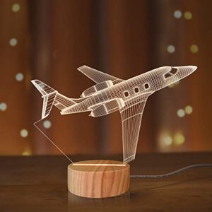 airplane night light 3d illusion lamp,soft warm colors wood table lamp for boys pilot gifts with usb power