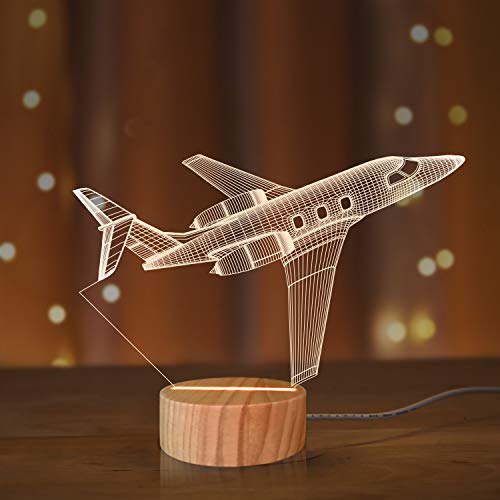 Airplane Night Light 3D Illusion Lamp,Soft Warm Colors Wood Table Lamp for Boys Pilot Gifts with USB Power