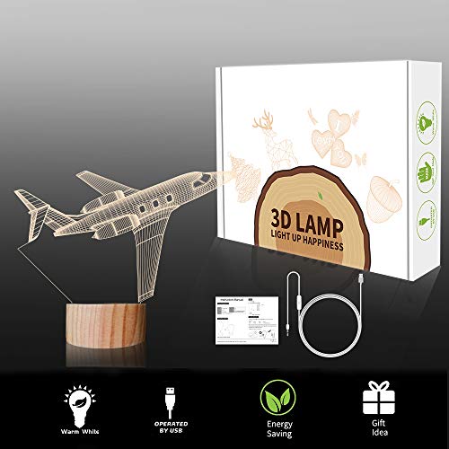 Airplane Night Light 3D Illusion Lamp,Soft Warm Colors Wood Table Lamp for Boys Pilot Gifts with USB Power