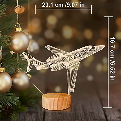 Airplane Night Light 3D Illusion Lamp,Soft Warm Colors Wood Table Lamp for Boys Pilot Gifts with USB Power