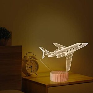 Airplane Night Light 3D Illusion Lamp,Soft Warm Colors Wood Table Lamp for Boys Pilot Gifts with USB Power