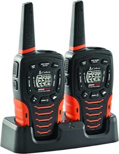 cobra acxt645 waterproof walkie talkies for adults – rechargeable, 22 channels, long range 35-mile two-way radio set (2-pack), black and orange