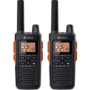 cobra rx680 waterproof walkie talkies for adults – rechargeable, 60 preset channels, long range 38-mile two-way radio set (2-pack),black and orange