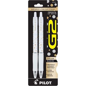 pilot g2 design collection, white barrel retractable gel ink pen, 0.7mm fine point, black ink, 2 pens