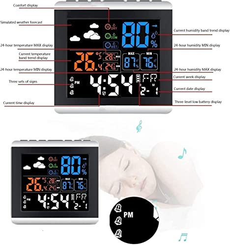 XARONF Indoor Outdoor Thermometer, Weather Station with Atomic Clock, High Precision Temperature Humidity Meter, HD Color Display Weather Thermometer with Barometer Sound Control Backlight