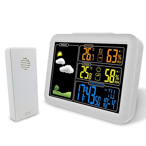 XARONF Weather Station Indoor Outdoor Thermometer, Color Display Digital Temperature Humidity Monitor, Weather Thermometer Forecast Station with Atomic Clock (Color : White)