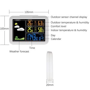 XARONF Weather Station Indoor Outdoor Thermometer, Color Display Digital Temperature Humidity Monitor, Weather Thermometer Forecast Station with Atomic Clock (Color : White)