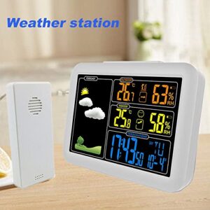 XARONF Weather Station Indoor Outdoor Thermometer, Color Display Digital Temperature Humidity Monitor, Weather Thermometer Forecast Station with Atomic Clock (Color : White)