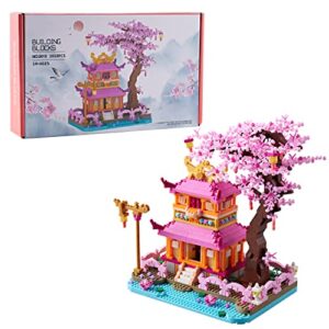 lukhang new architecture: enjoy sakura pavilion building set model kit and gift for kids and adults, micro mini block 1810 pieces（with color package box）