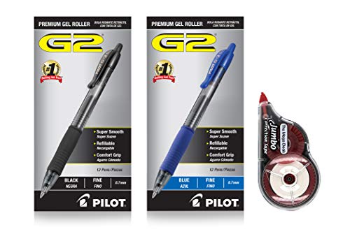 PILOT G2 Pens 0.7 mm | 12 Count Black, 12 Count Blue G2 Pens, Pack of 24 Pens - Refillable & Retractable Black Pens and Blue Pens, Fine Point Pens, Gel Pens Ballpoint + Correction Tape