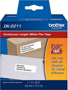 brother genuine dk-2211 continuous length black on white film tape for brother ql label printers, 1.1″ x 50′ (29mm x 15.2m), 1 roll per box, dk2211, pack of 4