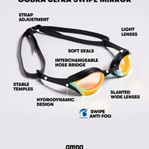 Arena Cobra Ultra Swipe Racing Swim Goggles for Men and Women, Mirror Lens, Anti-Fog, UV Protection, Yellow Copper/Black