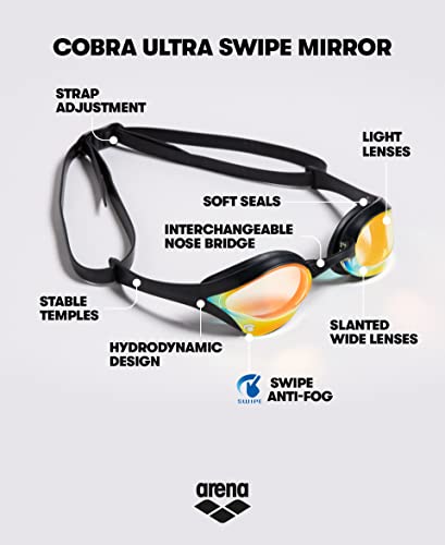 Arena Cobra Ultra Swipe Racing Swim Goggles for Men and Women, Mirror Lens, Anti-Fog, UV Protection, Yellow Copper/Black