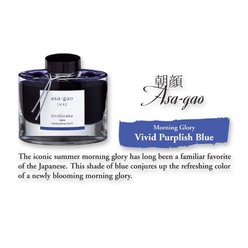 PILOT Iroshizuku Bottled Fountain Pen Ink, Asa-Gao, Morning Glory (Dark Blue) 50ml Bottle (69203), Vivid Purplish Blue