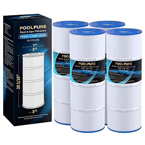 POOLPURE PLFPCC80 Pool Filter Replaces Pentair CCP320, Pleatco PCC80-PAK4, Unicel C-7470, R173573, Filbur FC-1976, 178580, 817-0081, Clean and Clear Plus 320, L x OD:20"x 7", 4X80 sq.ft. Cartridge