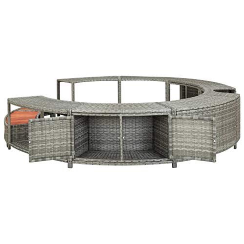 INLIFE Round Spa Surround Poly Rattan Outdoor Massage Hot Tub Frame with Solid Acacia Wood Steps and Stoarge Compartment for Outdoor,Garden,Backyard,Patio Gray 111.4"x 111.4"x 21.7"(LxWxH)