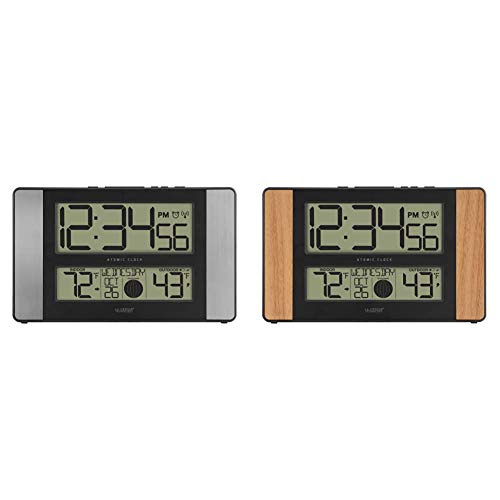 La Crosse Technology 513-1417AL-INT Atomic Clock w Outdoor Temp, Grey/Black & Atomic Digital Clock with Outdoor Temperature, Oak, 0