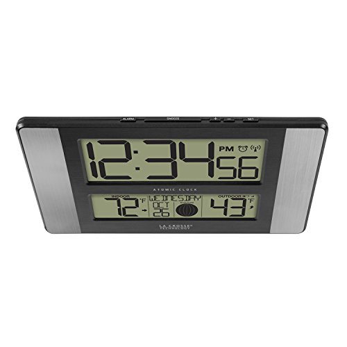 La Crosse Technology 513-1417AL-INT Atomic Clock w Outdoor Temp, Grey/Black & Atomic Digital Clock with Outdoor Temperature, Oak, 0