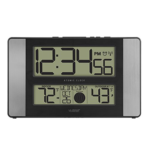 La Crosse Technology 513-1417AL-INT Atomic Clock w Outdoor Temp, Grey/Black & Atomic Digital Clock with Outdoor Temperature, Oak, 0