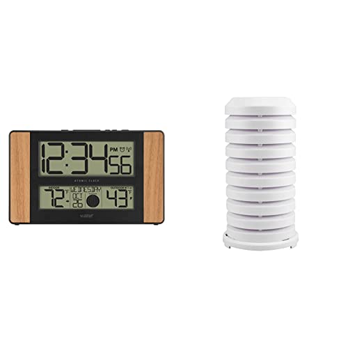 La Crosse Technology Atomic Digital Clock with Outdoor Temperature, Wood Oak, 0 & 925-1418 Sensor Protection Shield with Mount