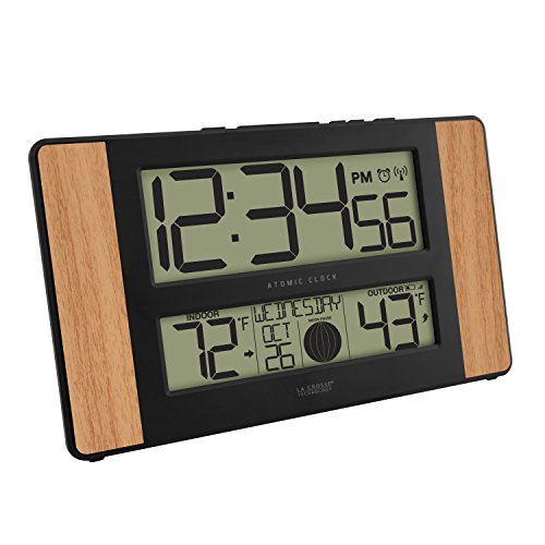 La Crosse Technology Atomic Digital Clock with Outdoor Temperature, Wood Oak, 0 & 925-1418 Sensor Protection Shield with Mount