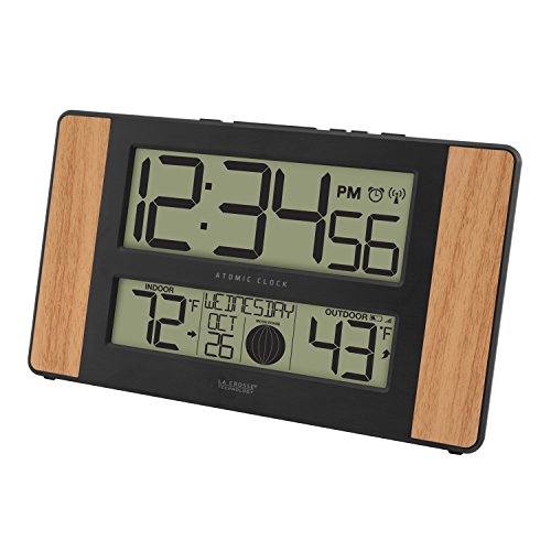 La Crosse Technology Atomic Digital Clock with Outdoor Temperature, Wood Oak, 0 & 925-1418 Sensor Protection Shield with Mount