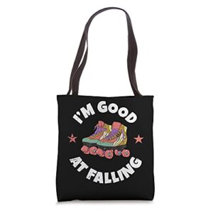 i’m good at falling funny roller derby tote bag