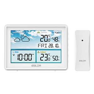 baldr home weather station & indoor outdoor thermometer with wireless remote sensor, atomic alarm clock, calendar, humidity monitor,& weather forecast & digital weather station in lcd display (white)