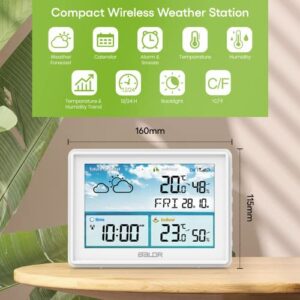 BALDR Home Weather Station & Indoor Outdoor Thermometer with Wireless Remote Sensor, Atomic Alarm Clock, Calendar, Humidity Monitor,& Weather Forecast & Digital Weather Station in LCD Display (White)