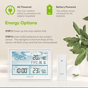 BALDR Home Weather Station & Indoor Outdoor Thermometer with Wireless Remote Sensor, Atomic Alarm Clock, Calendar, Humidity Monitor,& Weather Forecast & Digital Weather Station in LCD Display (White)
