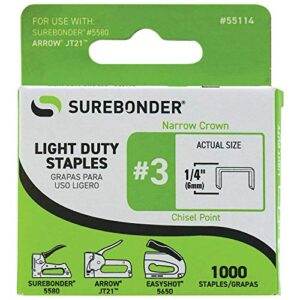 surebonder 55114 light duty 1/4-inch leg length, .441-inch crown staples, arrow jt21 type, 1000 count