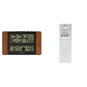 la crosse technology 513-1417ch-int atomic digital clock with temperature and moon phase, 11.10″l x 1.14″w x 6.61″h, cherry & tx141th-bv4 wireless outdoor thermo-hygrometer transmitting sensor, white
