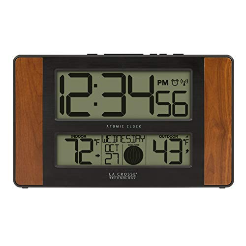 La Crosse Technology 513-1417CH-INT Atomic Digital Clock with Temperature and Moon Phase, 11.10"L x 1.14"W x 6.61"H, Cherry & TX141TH-BV4 Wireless Outdoor Thermo-Hygrometer Transmitting Sensor, White