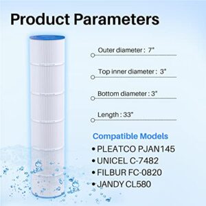 TOREAD PJAN145 Pool Filter Replaces Jandy CL580, CV580, Unicel C-7482, Filbur FC-0820, A0104100, R0357900, Filbur FC-6415, SD-01109, 145 sqft Filter Cartridge 4 Pack