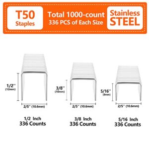 SITLDY Heavy Duty T50 Stainless Steel Staples 1000-Count 3 Sizes for Staple Gun, Includes: 5/16", 3/8", 1/2" Assortment, Combo kit (1000)