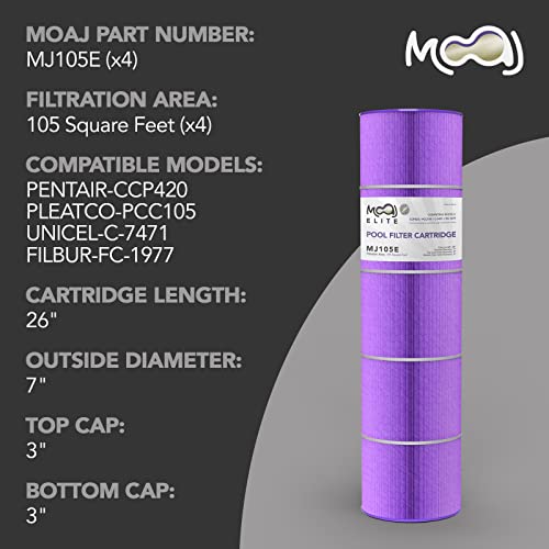 MOAJ Elite Pool Filter 4-Pack Replaces Pentair CCP420, Clean and Clear Plus 420, R173576, PCC105, PCC105-PAK4, Filbur FC-1977, Unicel C-7471, J-CQ420, PLESL105 | 26" x 7" | Aseptic Hex-Flo Filtration