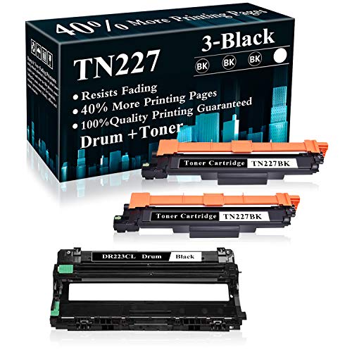 3-Pack (1Drum+2BK) DR223CL Drum Unit TN227 Compatible Toner Cartridge Replacement for Brother MFC-L3770CDW L3710CW L3750CDW HL-3210CW 3270CDW 3290CDW DCP-L3510CDW L3550CDW Printer,Sold by TopInk