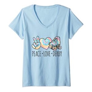 Womens Tie Dye Roller Skating for Teen Girls | Peace Love Derby V-Neck T-Shirt
