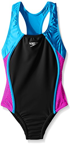 Speedo Girl's Swimsuit One Piece Mesh Splice Thick Strap , Speedo Black , 12