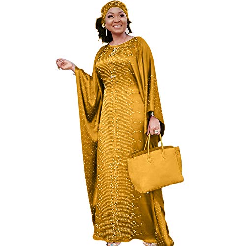 HD African Dress for Women Beading Rhinestone Gold Kaftan Maxi Dress One Size Fit All