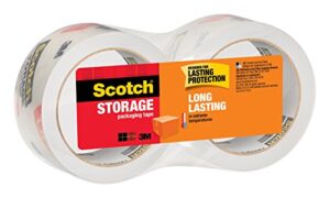 scotch long lasting storage packaging tape, 1.88″ x 54.6 yd, designed for storage and packing, stays sealed in weather extremes, 3″ core, clear, 2 rolls (3650-2)