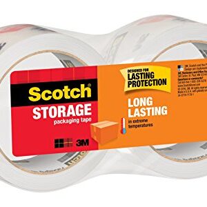 Scotch Long Lasting Storage Packaging Tape, 1.88" x 54.6 yd, Designed for Storage and Packing, Stays Sealed in Weather Extremes, 3" Core, Clear, 2 Rolls (3650-2)