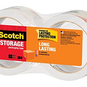 Scotch Long Lasting Storage Packaging Tape, 1.88" x 54.6 yd, Designed for Storage and Packing, Stays Sealed in Weather Extremes, 3" Core, Clear, 2 Rolls (3650-2)