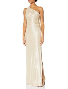 calvin klein one-shoulder gown with side ruching and beaded detail – women’s formal dresses for special occasions, buff/silver 2, 12