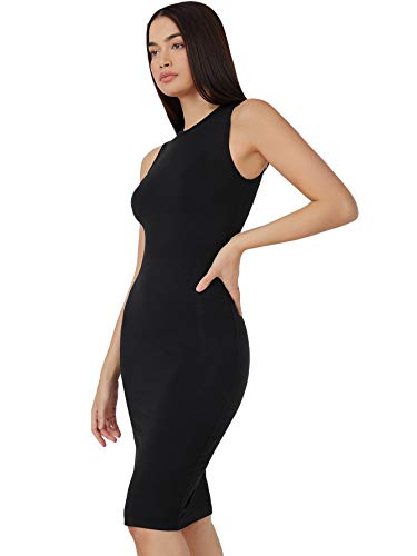 Verdusa Women's Sleeveless Round Neck Basic Bodycon Pencil Knee Length Dress Black L