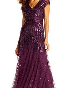 Adrianna Papell Women's Long Beaded V-Neck Dress with Cap Sleeves and Waistband, Cassis, 10