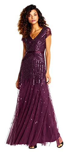 Adrianna Papell Women's Long Beaded V-Neck Dress with Cap Sleeves and Waistband, Cassis, 10