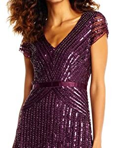 Adrianna Papell Women's Long Beaded V-Neck Dress with Cap Sleeves and Waistband, Cassis, 10